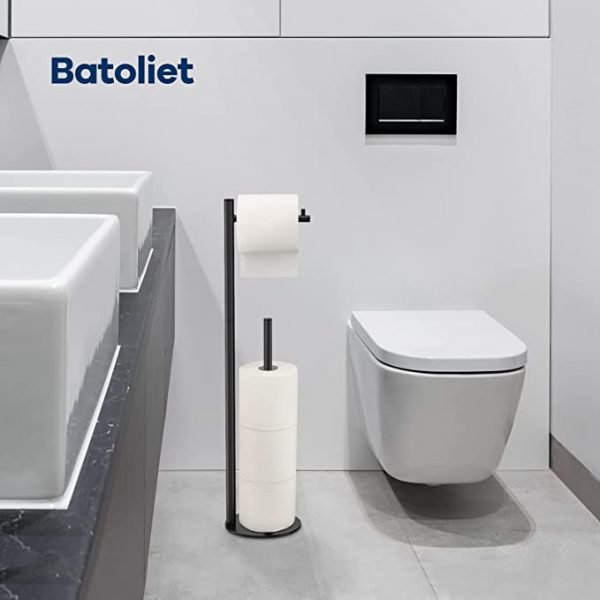 Black Toilet Paper Holder Stand, Bathroom Toilet Paper Roll Holder Stand with Reserve, Standing Toilet Paper Holder with Storage - Image 5