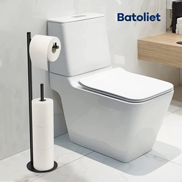 Black Toilet Paper Holder Stand, Bathroom Toilet Paper Roll Holder Stand with Reserve, Standing Toilet Paper Holder with Storage - Image 3