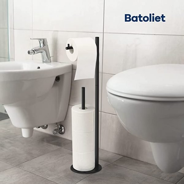 Black Toilet Paper Holder Stand, Bathroom Toilet Paper Roll Holder Stand with Reserve, Standing Toilet Paper Holder with Storage - Image 4