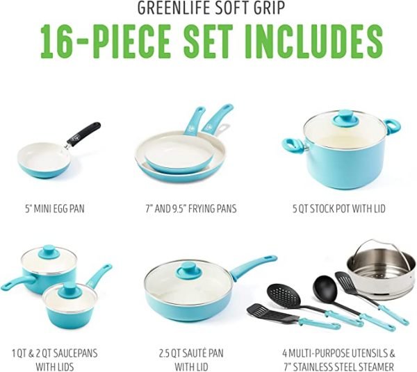 GreenLife Soft Grip Healthy Ceramic Nonstick, 16 Piece Cookware Pots and Pans Set, PFAS-Free, Dishwasher Safe, Lavender - Image 4