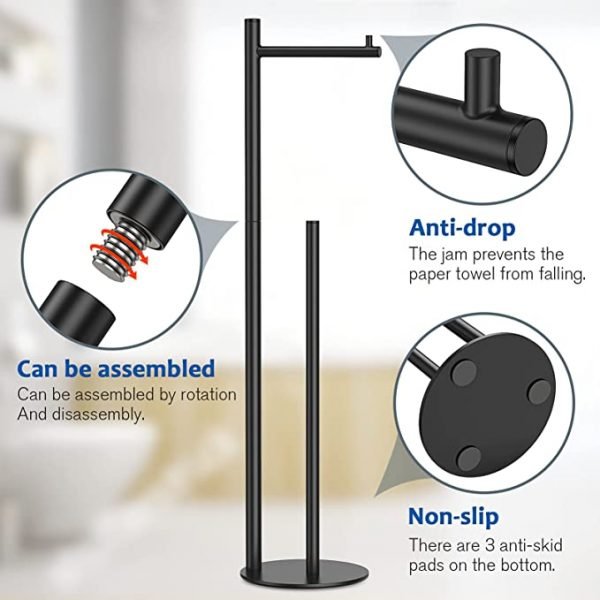 Black Toilet Paper Holder Stand, Bathroom Toilet Paper Roll Holder Stand with Reserve, Standing Toilet Paper Holder with Storage - Image 2