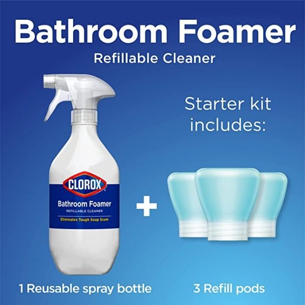 Clorox Bathroom Foamer Refillable Cleaner, 1 Bottle and 3 Refill, Rain Clean, 1.13 Fl Oz