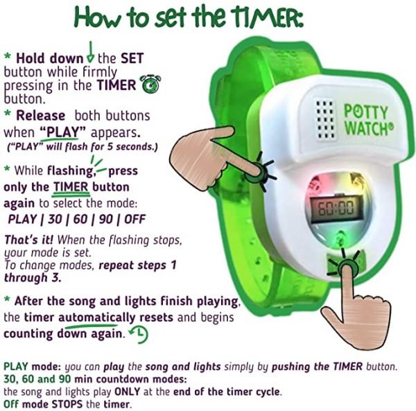 Potty Time: The Original Potty Watch | Water Resistant | Toddler Toilet Training Aid, Warranty Included (Automatic Timers with Music for Gentle Reminders), Green + Bonus Battery Replacement Kit - Image 4