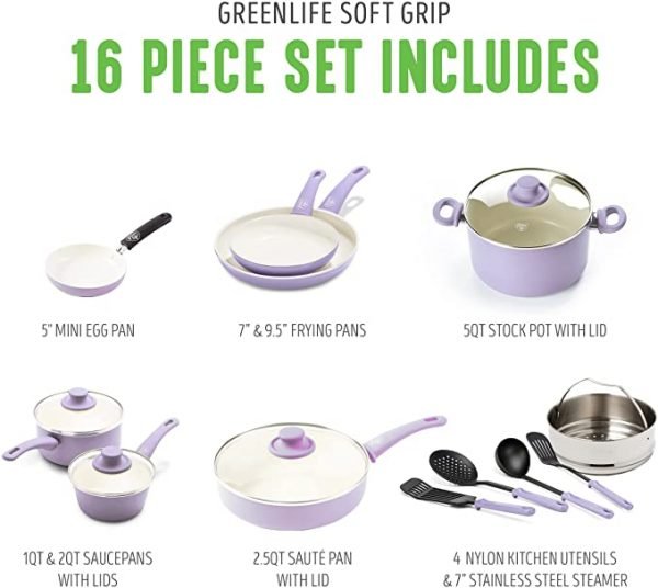 GreenLife Soft Grip Healthy Ceramic Nonstick 16 Piece Cookware Pots and Pans Set, PFAS-Free, Dishwasher Safe, Red
