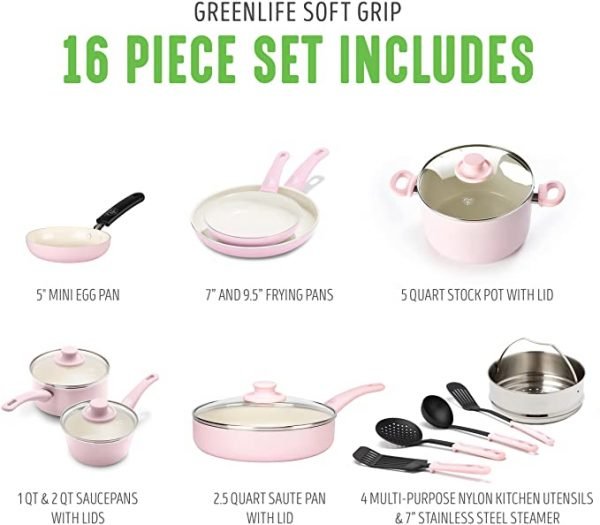 GreenLife Soft Grip Healthy Ceramic Nonstick 16 Piece Cookware Pots and Pans Set, PFAS-Free, Dishwasher Safe, Turquoise - Image 2