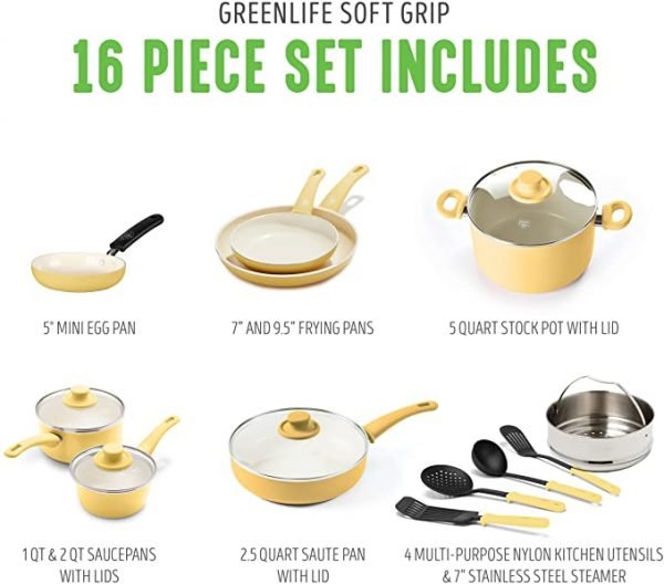 GreenLife Soft Grip Healthy Ceramic Nonstick, 16 Piece Cookware Pots and Pans Set, PFAS-Free, Dishwasher Safe, Blue - Image 3