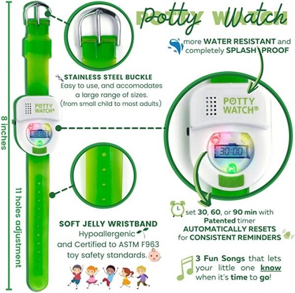 Potty Time: The Original Potty Watch | Water Resistant | Toddler Toilet Training Aid, Warranty Included (Automatic Timers with Music for Gentle Reminders), Green + Bonus Battery Replacement Kit - Image 3