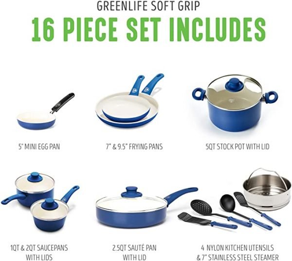 GreenLife Soft Grip Healthy Ceramic Nonstick, 16 Piece Cookware Pots and Pans Set, PFAS-Free, Dishwasher Safe, Caribbean Blue - Image 2