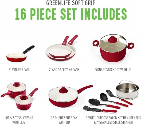 GreenLife Soft Grip Healthy Ceramic Nonstick, 16 Piece Cookware Pots and Pans Set, PFAS-Free, Dishwasher Safe, Soft Pink - Image 2