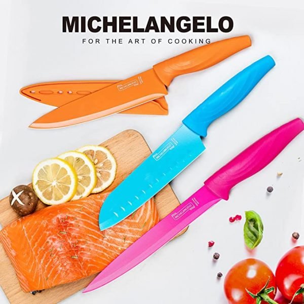 Kitchen Knife Set 10 Piece, Rainbow Knife Set for Kitchen, High Carbon Stainless Steel Kitchen Knives Set, Dishwasher Safe, Colorful Knife Set- 5 Knives and 5 Knife Covers-MICHELANGELO - Image 2