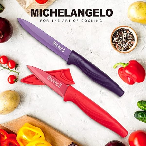 Kitchen Knife Set 10 Piece, Rainbow Knife Set for Kitchen, High Carbon Stainless Steel Kitchen Knives Set, Dishwasher Safe, Colorful Knife Set- 5 Knives and 5 Knife Covers-MICHELANGELO - Image 3