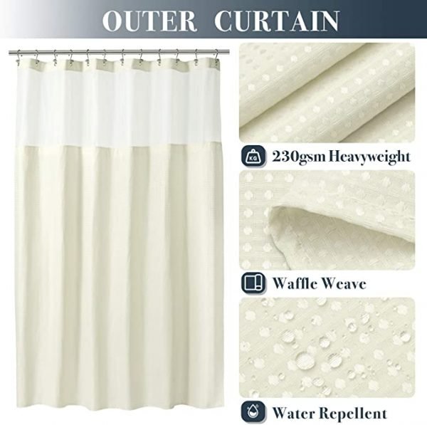 Waffle Weave Shower Curtain with Snap-in Fabric Liner Set, 12 Hooks Included - Hotel Style Cream Shower Curtain for Bathroom, Water-Repellent & Washable, Mesh Top Window - 71x72, Cream