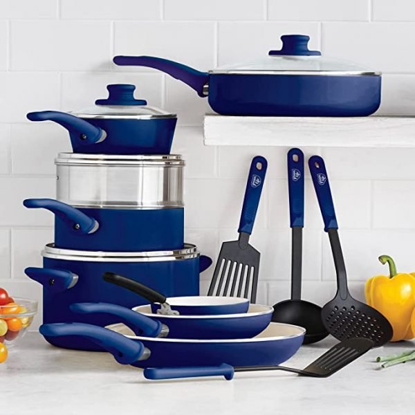 GreenLife Soft Grip Healthy Ceramic Nonstick, 16 Piece Cookware Pots and Pans Set, PFAS-Free, Dishwasher Safe, Caribbean Blue - Image 3