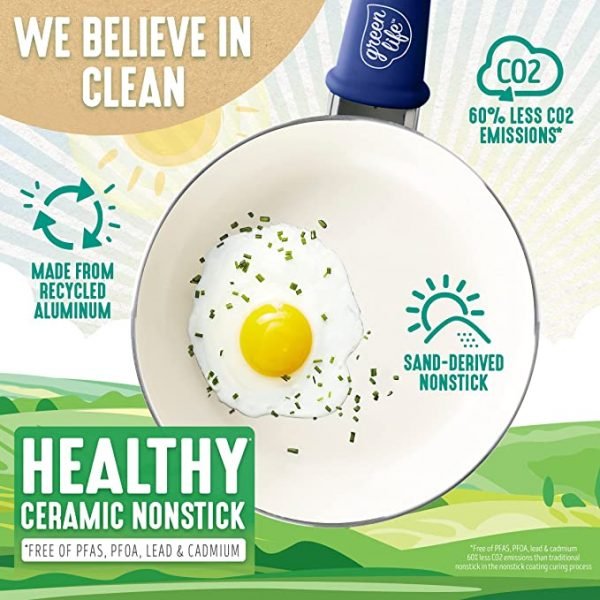 GreenLife Soft Grip Healthy Ceramic Nonstick, 16 Piece Cookware Pots and Pans Set, PFAS-Free, Dishwasher Safe, Caribbean Blue