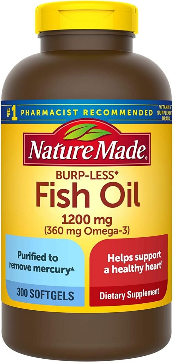 Nature Made Burp-Less Fish Oil 1200 mg, 300 Softgels, Fish Oil Omega 3 Supplement For Heart Health