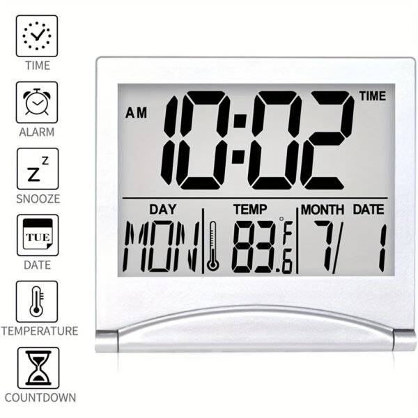 1pc, Foldable Digital Alarm Clock with Calendar, Temperature, and Battery Operation - Perfect for Bedroom, Living Room, and Office - Image 6