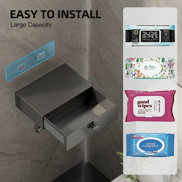 Toilet Paper Holder with Shelf Black Wipes Dispenser for Bathroom Stainless Steel Toilet Paper Holder with Storage Drawer Adhesive Wall Mount Small Bathroom - Image 8