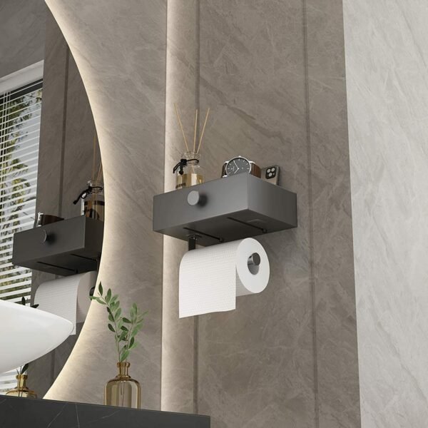 Toilet Paper Holder with Shelf Black Wipes Dispenser for Bathroom Stainless Steel Toilet Paper Holder with Storage Drawer Adhesive Wall Mount Small Bathroom - Image 9