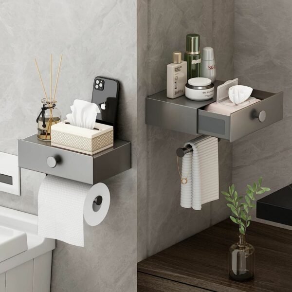 Toilet Paper Holder with Shelf Black Wipes Dispenser for Bathroom Stainless Steel Toilet Paper Holder with Storage Drawer Adhesive Wall Mount Small Bathroom - Image 10