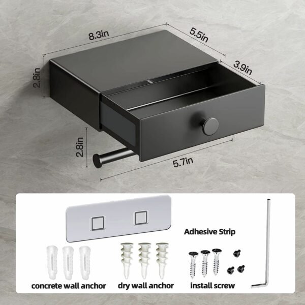 Toilet Paper Holder with Shelf Black Wipes Dispenser for Bathroom Stainless Steel Toilet Paper Holder with Storage Drawer Adhesive Wall Mount Small Bathroom - Image 11