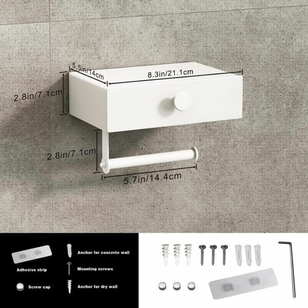 Toilet Paper Holder with Shelf Black Wipes Dispenser for Bathroom Stainless Steel Toilet Paper Holder with Storage Drawer Adhesive Wall Mount Small Bathroom - Image 2