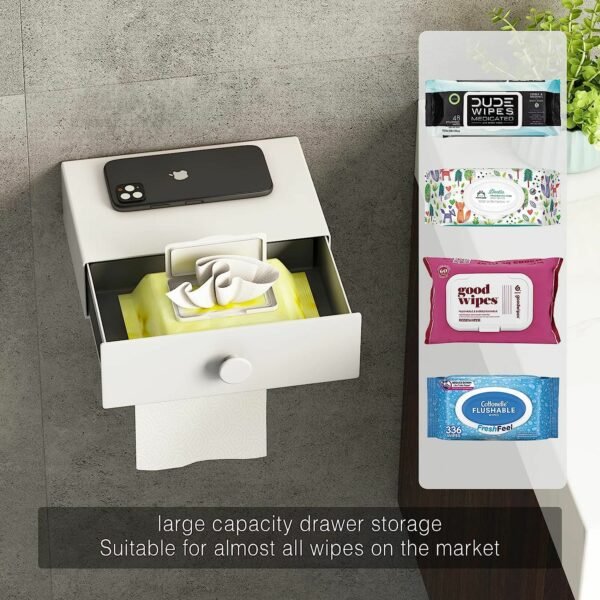 Toilet Paper Holder with Shelf Black Wipes Dispenser for Bathroom Stainless Steel Toilet Paper Holder with Storage Drawer Adhesive Wall Mount Small Bathroom - Image 4
