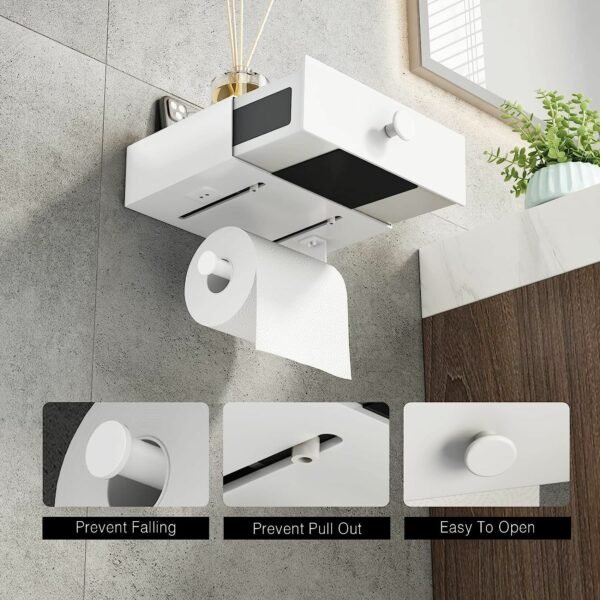Toilet Paper Holder with Shelf Black Wipes Dispenser for Bathroom Stainless Steel Toilet Paper Holder with Storage Drawer Adhesive Wall Mount Small Bathroom - Image 6