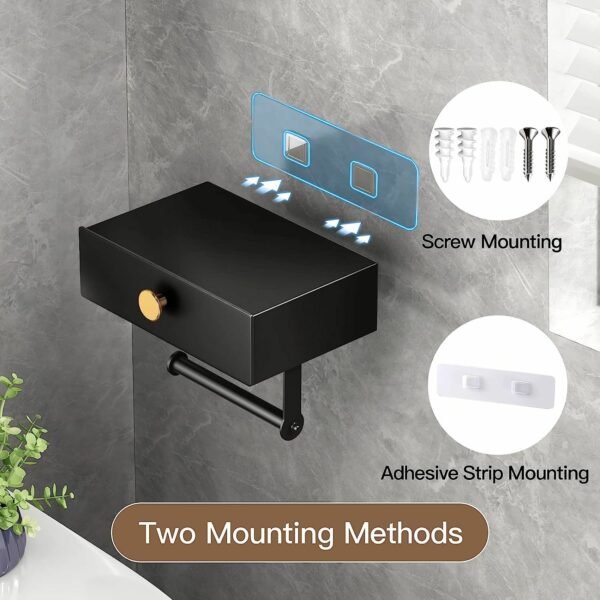 Toilet Paper Holder with Shelf Black Wipes Dispenser for Bathroom Stainless Steel Toilet Paper Holder with Storage Drawer Adhesive Wall Mount Small Bathroom - Image 22