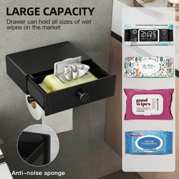Toilet Paper Holder with Shelf Black Wipes Dispenser for Bathroom Stainless Steel Toilet Paper Holder with Storage Drawer Adhesive Wall Mount Small Bathroom - Image 15
