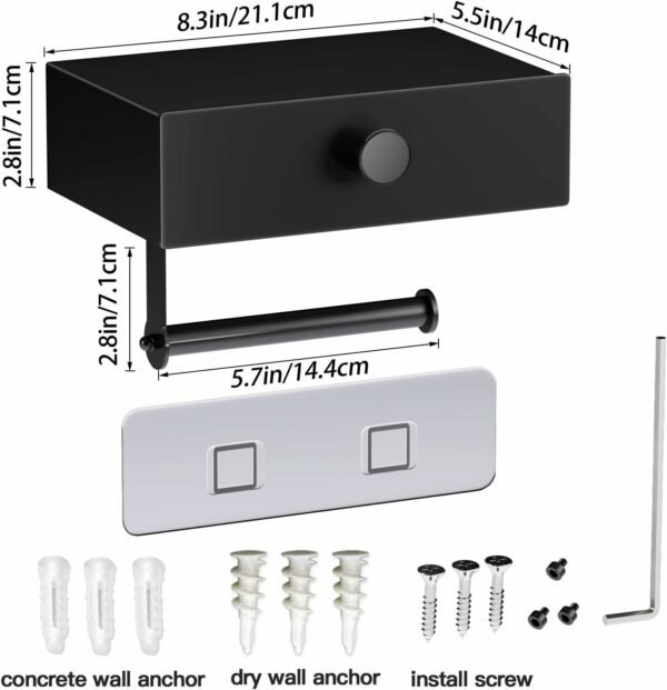 Toilet Paper Holder with Shelf Black Wipes Dispenser for Bathroom Stainless Steel Toilet Paper Holder with Storage Drawer Adhesive Wall Mount Small Bathroom - Image 16