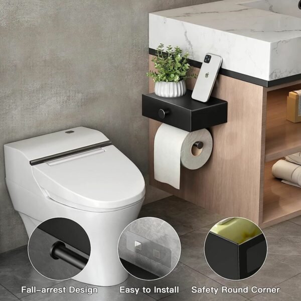 Toilet Paper Holder with Shelf Black Wipes Dispenser for Bathroom Stainless Steel Toilet Paper Holder with Storage Drawer Adhesive Wall Mount Small Bathroom - Image 17