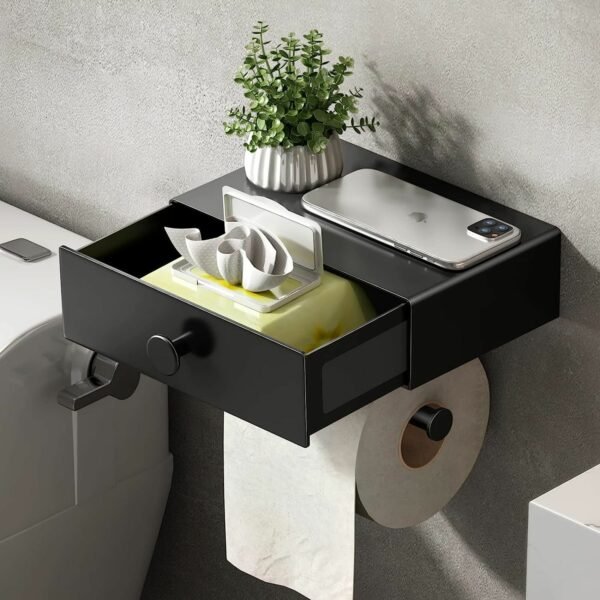 Toilet Paper Holder with Shelf Black Wipes Dispenser for Bathroom Stainless Steel Toilet Paper Holder with Storage Drawer Adhesive Wall Mount Small Bathroom - Image 13