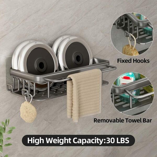 Sponge Holder for Kitchen Sink Adhesive Sponge Caddy Gray Shower Shelf with Hooks Stick on Shower Caddy No Drilling 1 Pack - Image 4