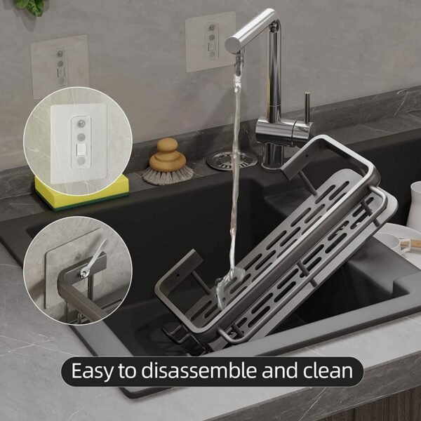 Sponge Holder for Kitchen Sink Adhesive Sponge Caddy Gray Shower Shelf with Hooks Stick on Shower Caddy No Drilling 1 Pack - Image 5