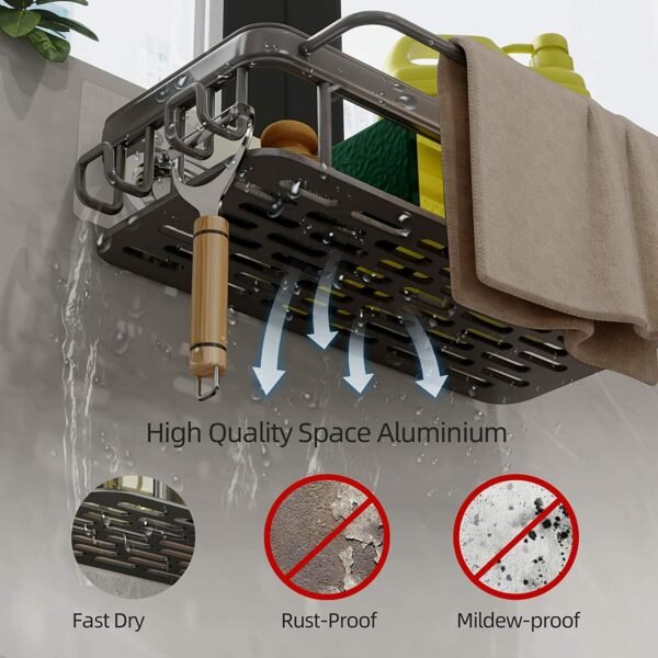 Sponge Holder for Kitchen Sink Adhesive Sponge Caddy Gray Shower Shelf with Hooks Stick on Shower Caddy No Drilling 1 Pack - Image 6