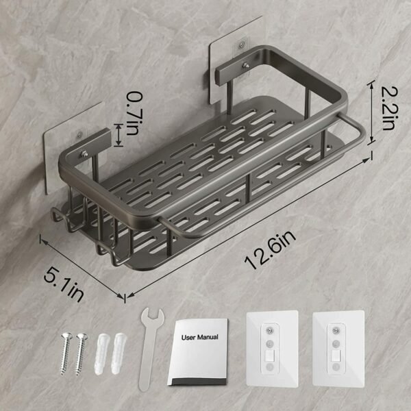 Sponge Holder for Kitchen Sink Adhesive Sponge Caddy Gray Shower Shelf with Hooks Stick on Shower Caddy No Drilling 1 Pack - Image 7
