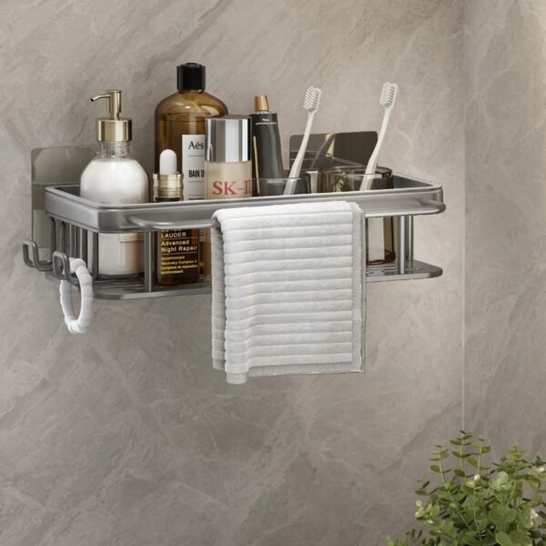 Sponge Holder for Kitchen Sink Adhesive Sponge Caddy Gray Shower Shelf with Hooks Stick on Shower Caddy No Drilling 1 Pack - Image 8