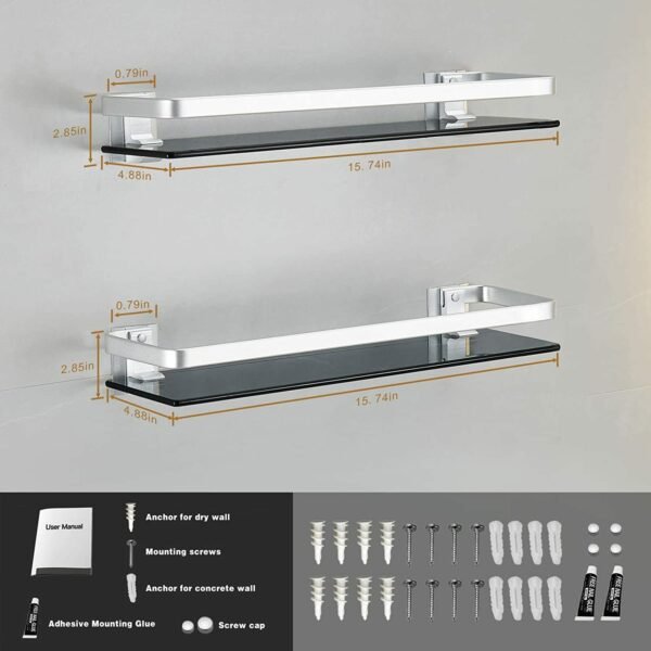 Bathroom Wall Shelves 15.7 in Glass Bathroom Shelf Silver Floating Shelves Tempered Glass Shelves for Shower Wall Mounted - Image 2