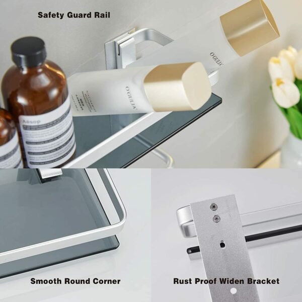 Bathroom Wall Shelves 15.7 in Glass Bathroom Shelf Silver Floating Shelves Tempered Glass Shelves for Shower Wall Mounted - Image 5