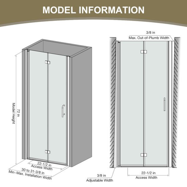 30-31.5 in.W x 72 in.H Bifold Frameless Glass Shower Door,1/4 in. Fold Clear Glass Shower Panel Pivot Swing Shower Doors,Chrome Finish,Reversible Installation - Image 5