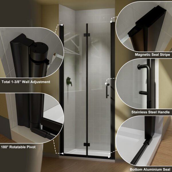 30-31.5 in.W x 72 in.H Bifold Frameless Glass Shower Door,1/4 in. Fold Clear Glass Shower Panel Pivot Swing Shower Doors,Chrome Finish,Reversible Installation - Image 7