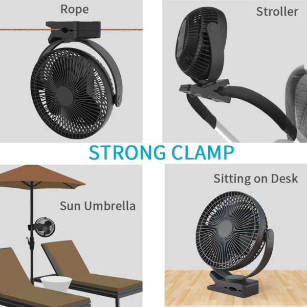10000mAh Rechargeable Portable;  8-Inch Battery Operated Clip on Fan;  USB;  4 Speeds;  Strong Airflow;  Sturdy Clamp for Office Desk Golf Car Outdoor Travel Camping Tent Gym Treadmill - Image 27