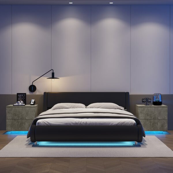 Nightstand with LED Strip Lights, Modern Bed Side Table with 2 Drawers, End Table for Living Room, Bedroom, Hallway, Grey - Image 2