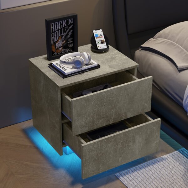Nightstand with LED Strip Lights, Modern Bed Side Table with 2 Drawers, End Table for Living Room, Bedroom, Hallway, Grey - Image 3