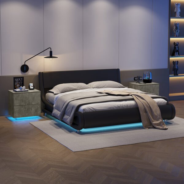 Nightstand with LED Strip Lights, Modern Bed Side Table with 2 Drawers, End Table for Living Room, Bedroom, Hallway, Grey - Image 4