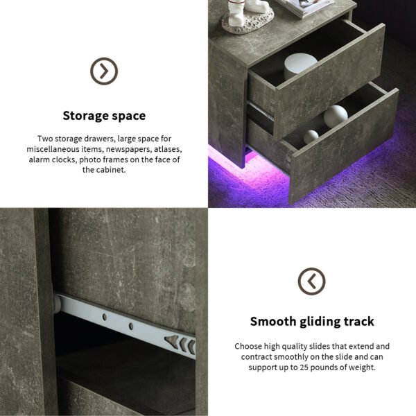 Nightstand with LED Strip Lights, Modern Bed Side Table with 2 Drawers, End Table for Living Room, Bedroom, Hallway, Grey - Image 7
