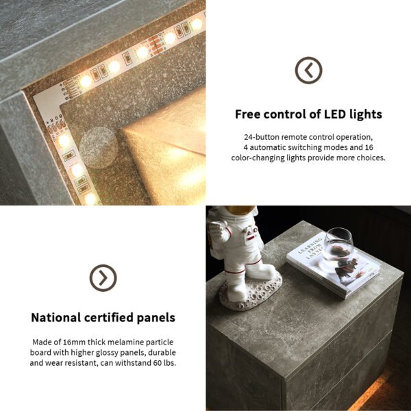 Nightstand with LED Strip Lights, Modern Bed Side Table with 2 Drawers, End Table for Living Room, Bedroom, Hallway, Grey - Image 8