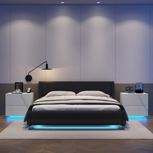 Nightstands LED Side Tables Bedroom Modern End Tables with 2 Drawers for Living Room Bedroom White - Image 2