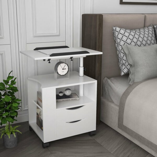 Height Adjustable Overbed End Table Wooden Nightstand with Swivel Top, Storage Drawers, Wheels and Open Shelf,(White) - Image 2
