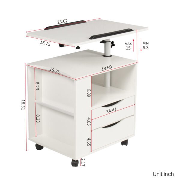 Height Adjustable Overbed End Table Wooden Nightstand with Swivel Top, Storage Drawers, Wheels and Open Shelf,(White) - Image 3